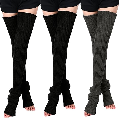 SATINIOR 3 Pairs Thigh High Leg Warmers Knit Long Leg Warmers Warm Sweater for Women Footless Socks - Black, Black, Dark Grey