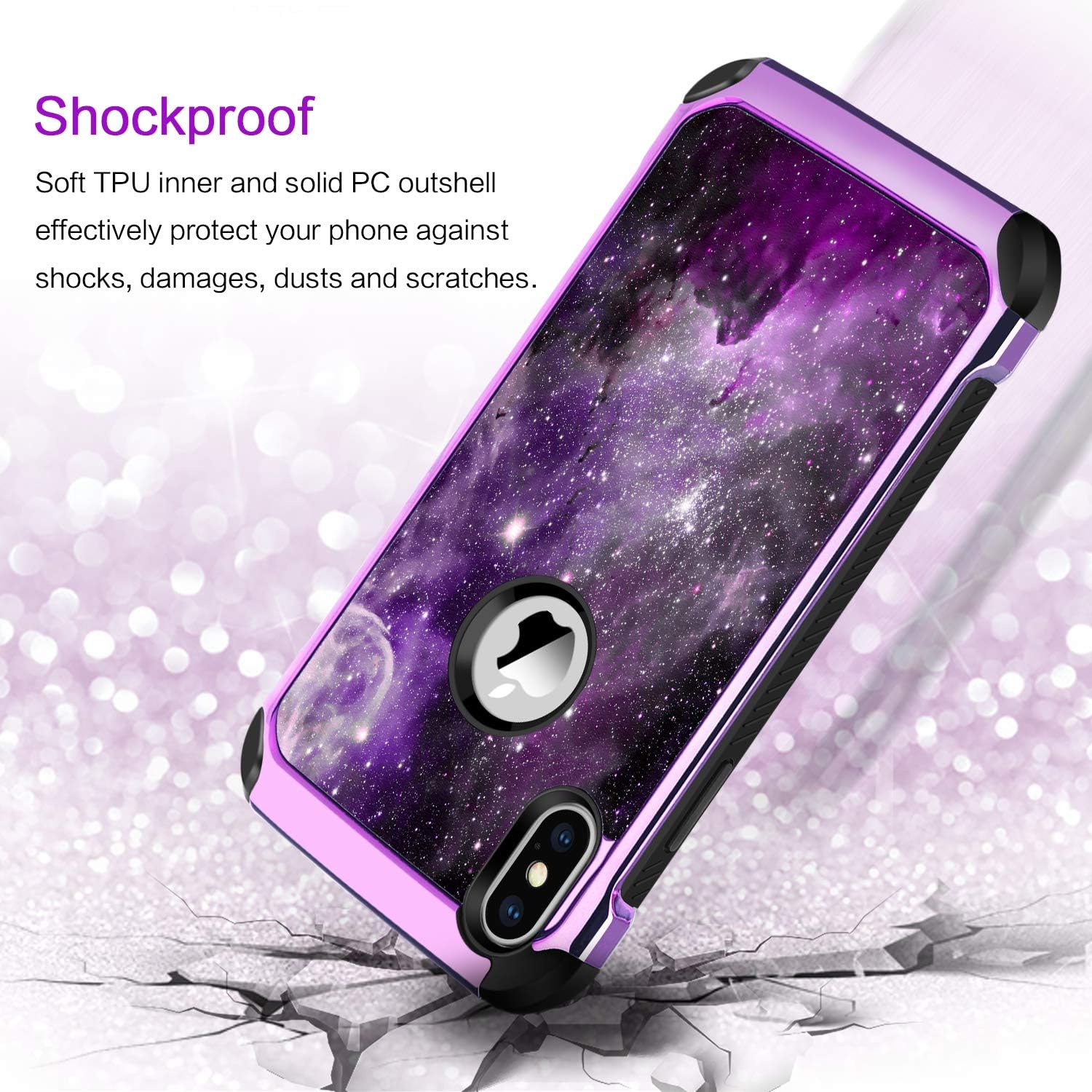 BENTOBEN Case for iPhone X/iPhone Xs 5.8-inch, Slim Glow in The Dark Shockproof Protective Dual Layer Hybrid Hard PC Soft TPU Bumper Nebula Space Design Phone Cases for 5.8" iPhone X & XS, Purple