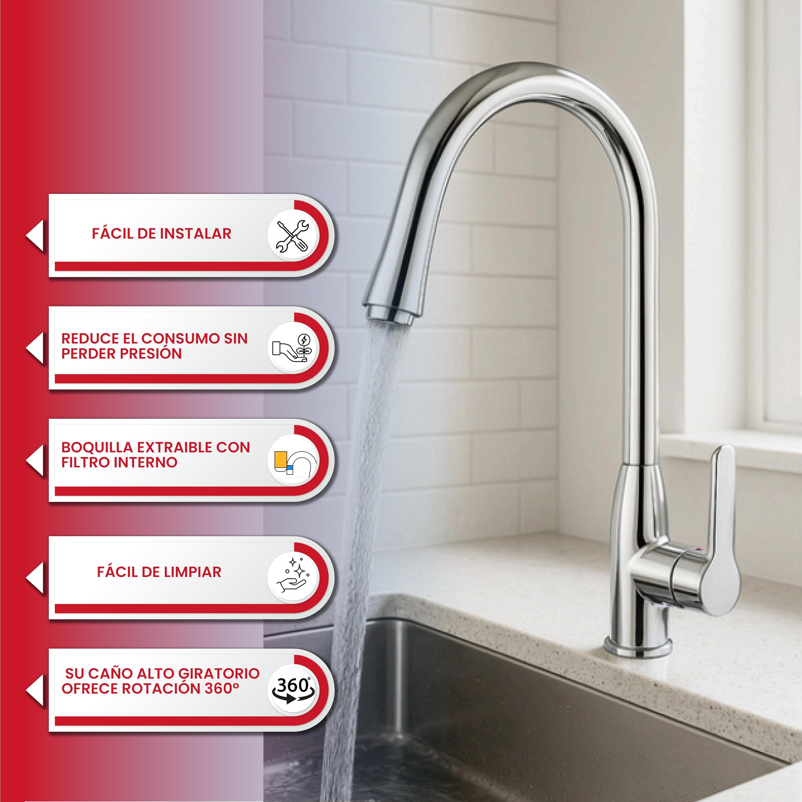 GOLDMAN SERVICE | Grifo de Fregadero Monomando Caño Alto Giratorio 360° Grifo Cocina Modernos de Acero Inoxidable, Grifo de Cocina con Sistema Economy Water, Grifos Cocina Fregadero Elegantes