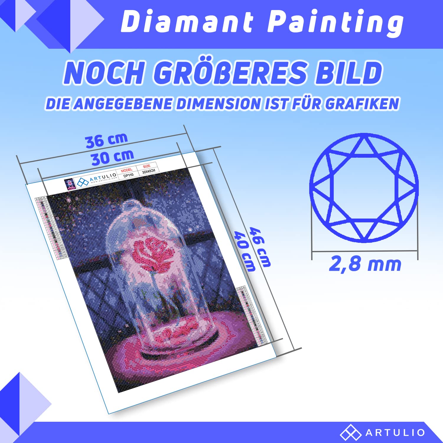 ARTULIO Diamond Painting Kit 5D 30x40cm - Cucciolo Con Fiori Rosa, Pittura Diamante Fai Da Te Con Tela Autoadesiva E Strass