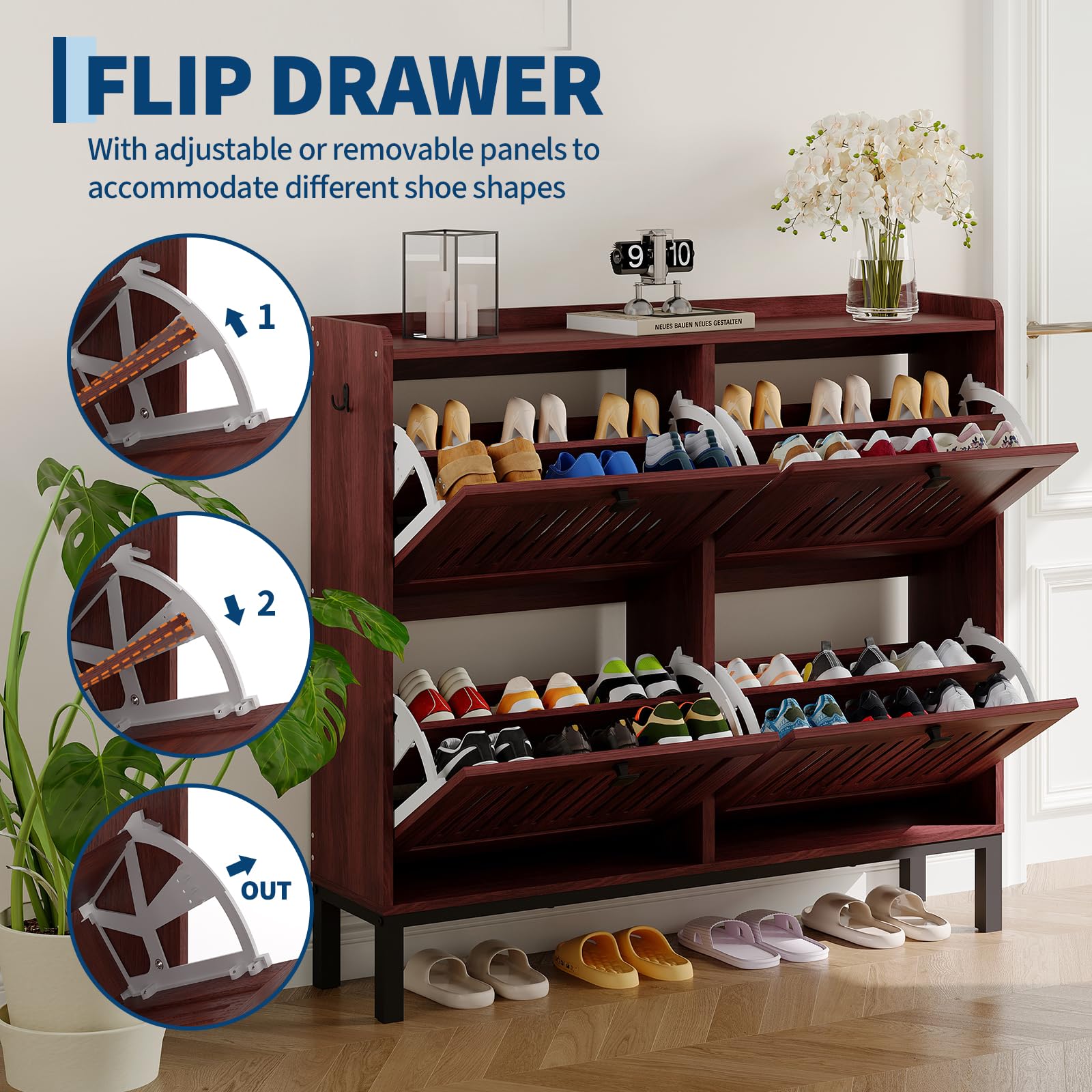 Schmaler Schuhschrank mit 4 Klappfächern - verstellbare Einlegeböden - Kippschutz - belüftete Front - großer Stauraum, freistehend für Flur/Diele - Farbe: Walnut