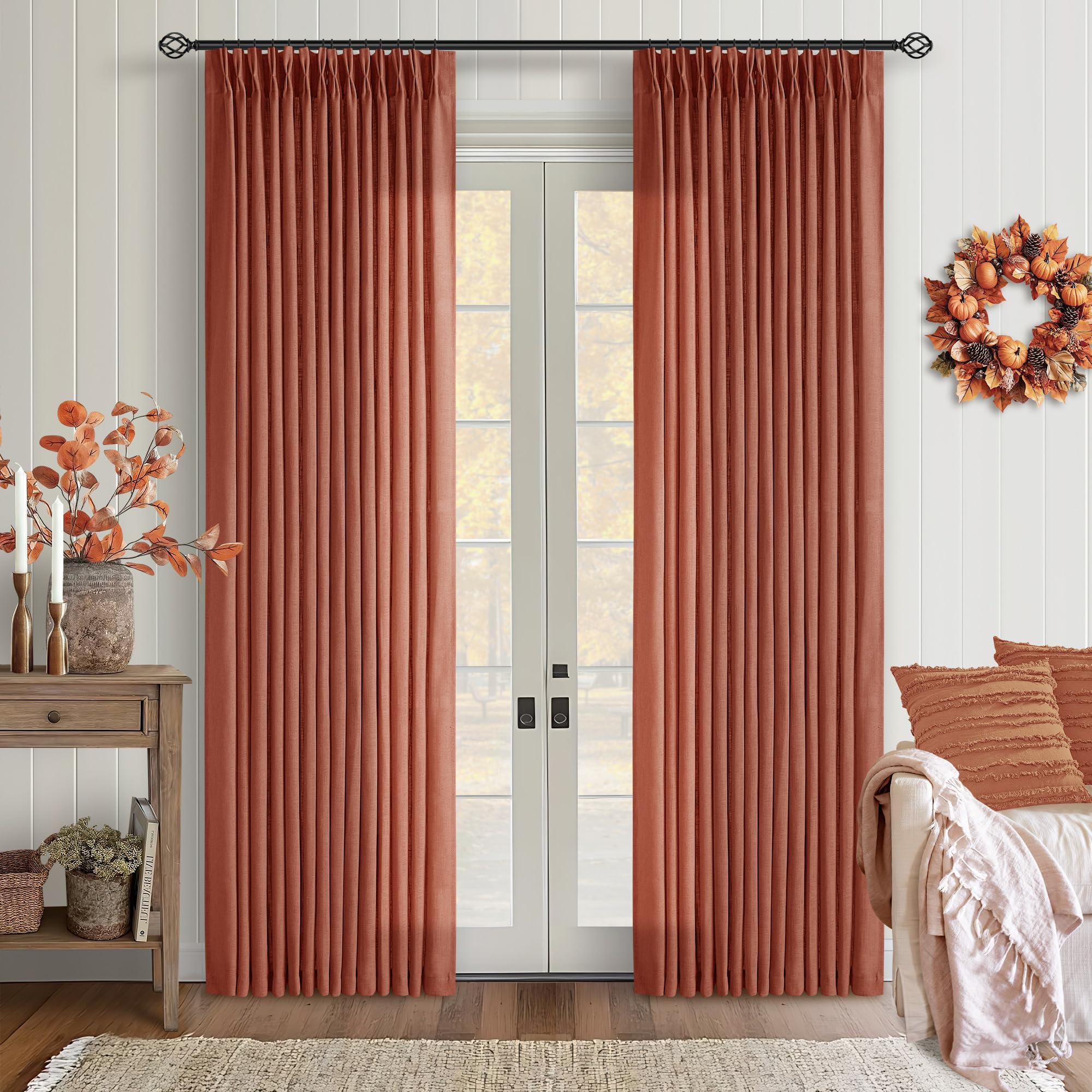 Terracotta 90 Inch Linen Curtains Pinch Pleated 2 Panels Set Firebrick โ image 1