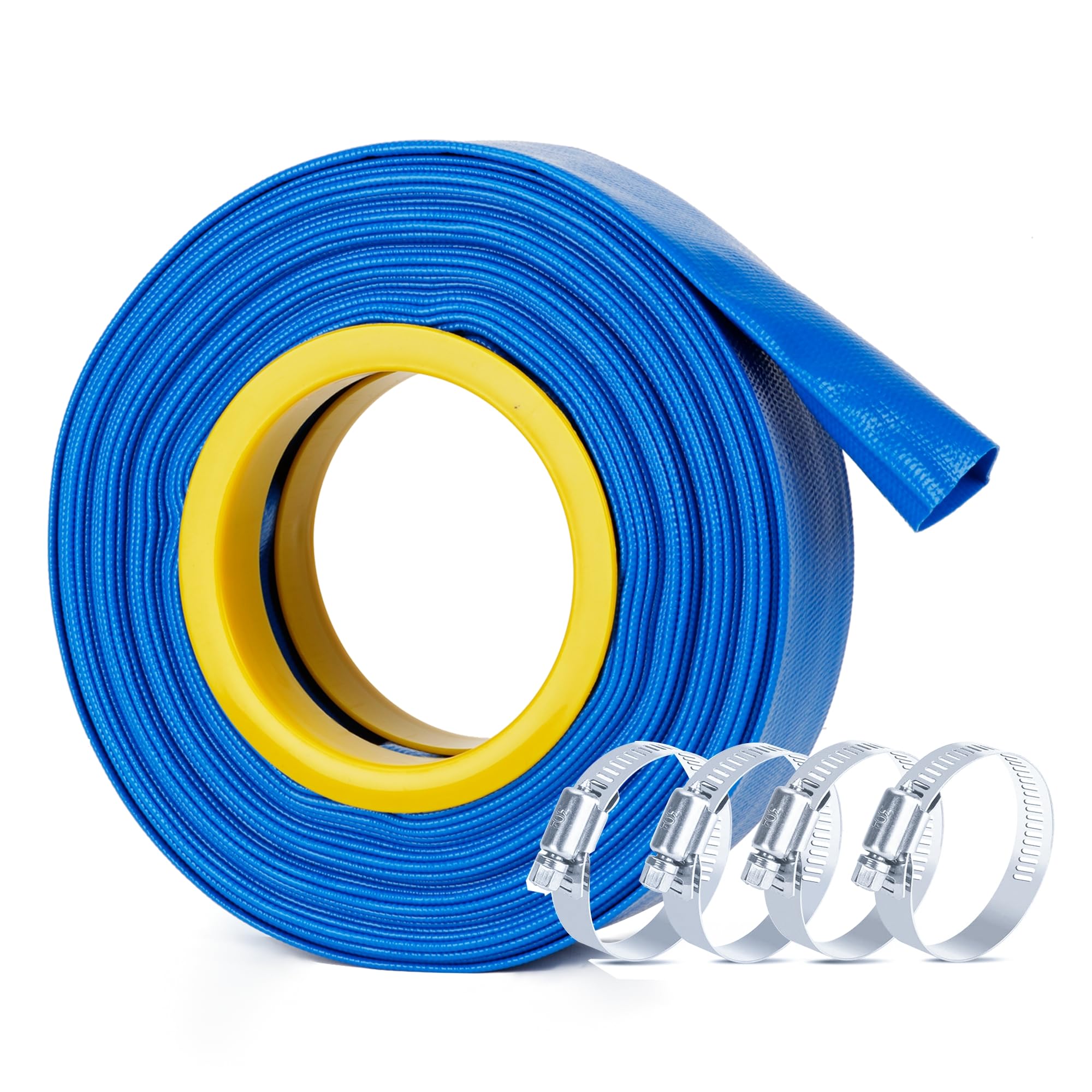 Manguera de retrolavado de 1-1/2 pulgadas por 50 pies con cuatro abrazaderas, manguera de drenaje de piscina, kit de manguera de descarga de bomba de sumidero, manguera plana reforzada de PVC