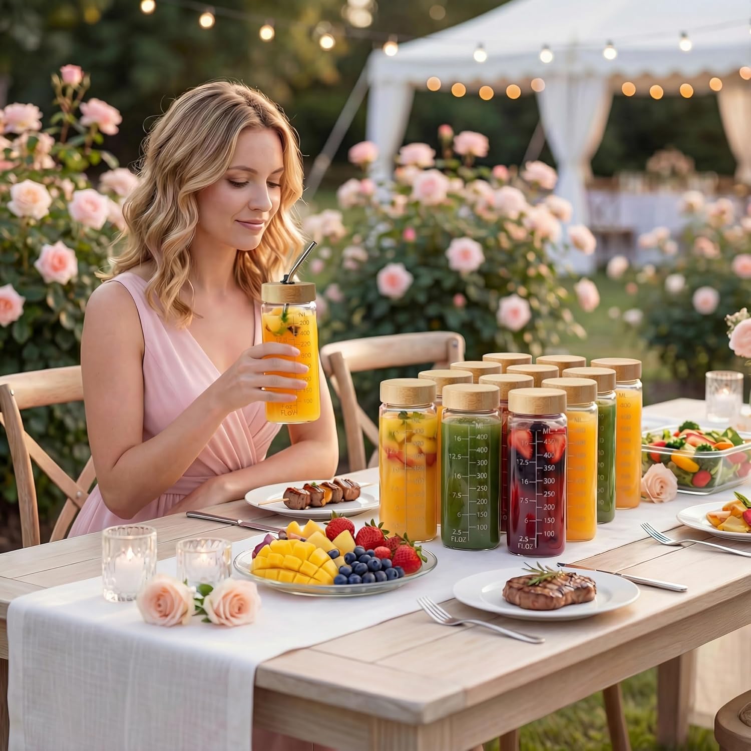 16oz Square Glass Juice Bottles with Lids, 6 Pack Reusable Juice Containers with Bamboo Lids, Glass Juicing jars with 4 Straws & 2 Airtight Lid with Hole for Drinking - Image 9