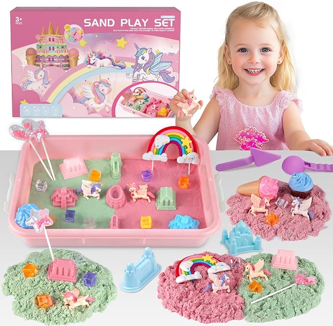 Unicorn Sensory Sand Bin Kit for Girls, Magic Art Unicorn Castle Ice Cream Molds, 2.2lbs Colorful Play Sand, Tools Sandbox with Lid Great Christmas Birthday Magic Sands Gift for Toddler 3 4 5 6 7 8