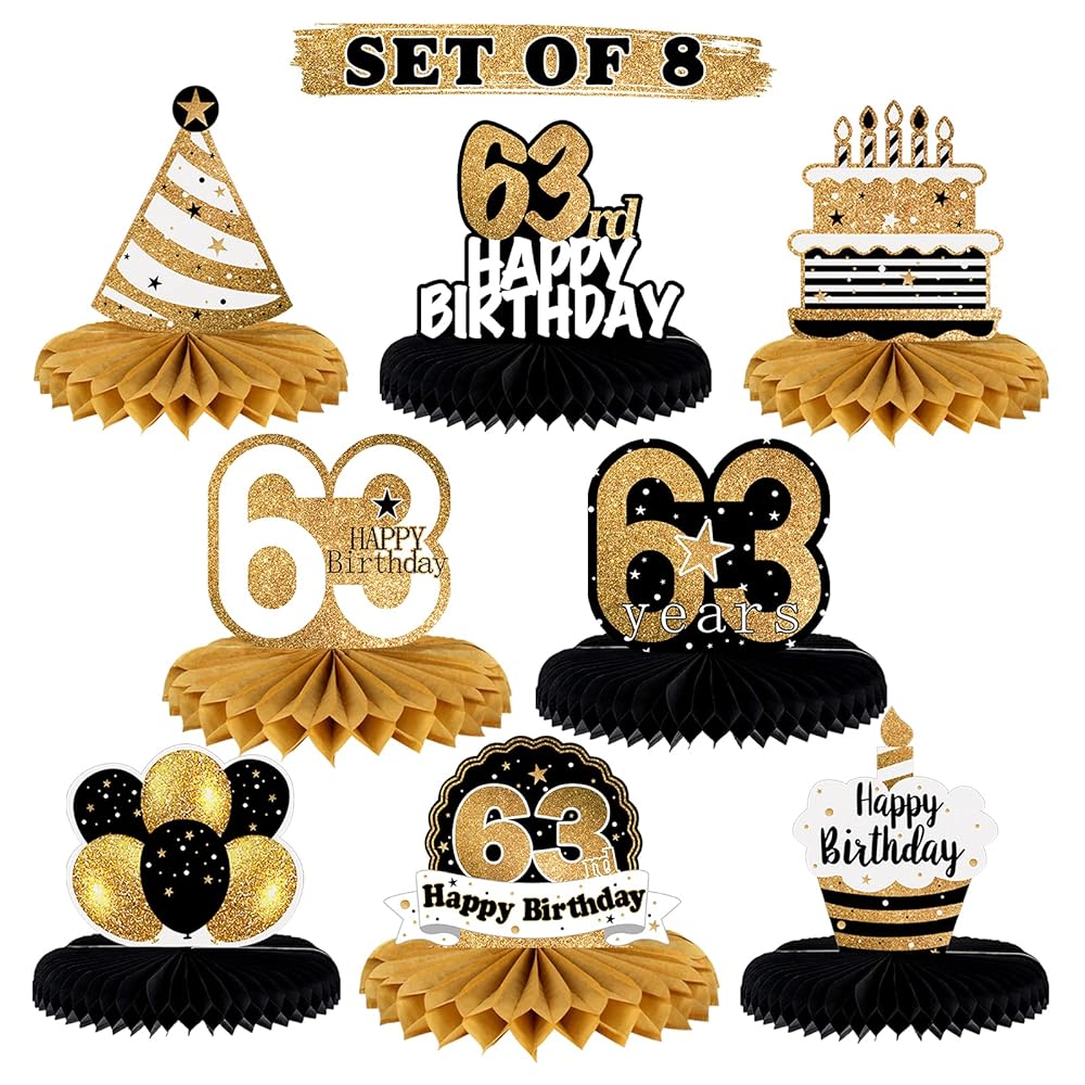 LINGTEER Happy 63rd Birthday Table Honeycomb Centerpieces Cheers to 63rd Birthday 63 Years Old Party Table Decorations Gift Sign.