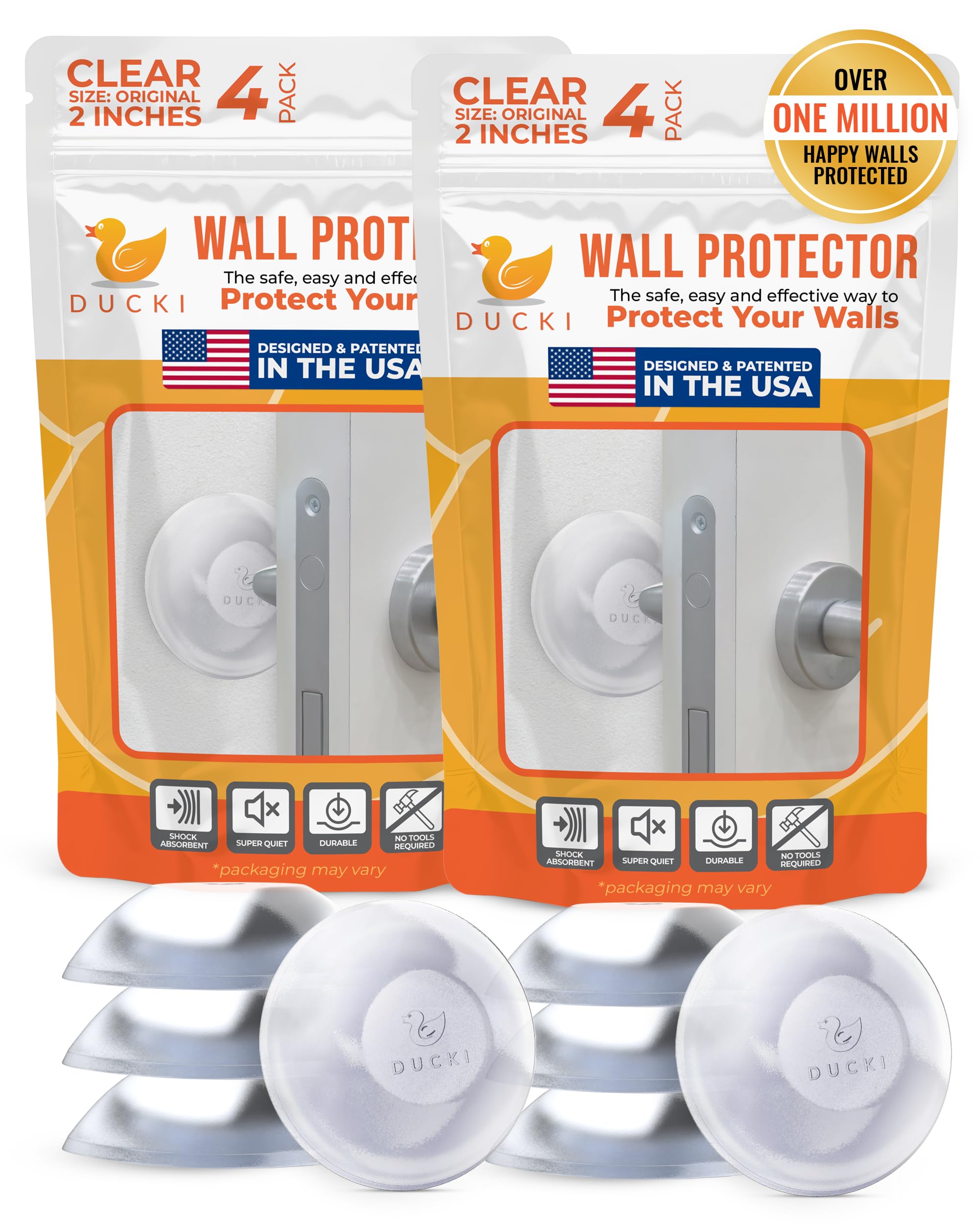 Ducki Door Stop Wall Protector | Self Adhesive Door Knob Wall Protectors from Door Knobs | Rubber Door Stoppers for Wall Damage & Noise | Durable, Shock Absorbent & Discreet | 8 Pack Clear Door Stops