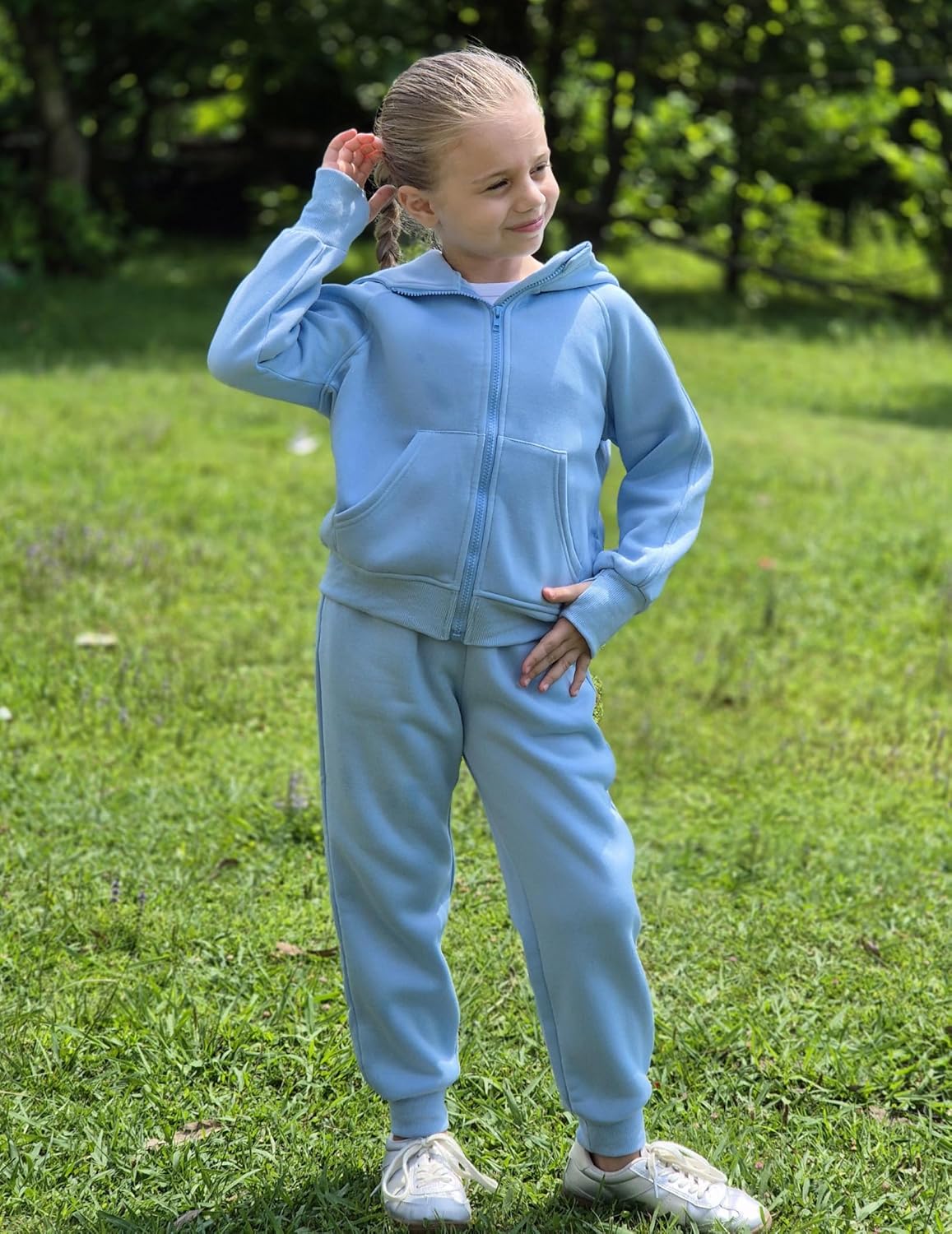 Arshiner Girls 2 Piece Outfit Drop Shoulder Zip Up Hoodies and Sweatpant Clothing Set with Pockets - Image 2