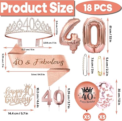 Miniatura 2 de Regalos de 40 cumpleaños para mujer, banda de cumpleaños 40, corona de cumpleaños 40, adorno para pastel de 40 cumpleaños, globos, pin y juego de