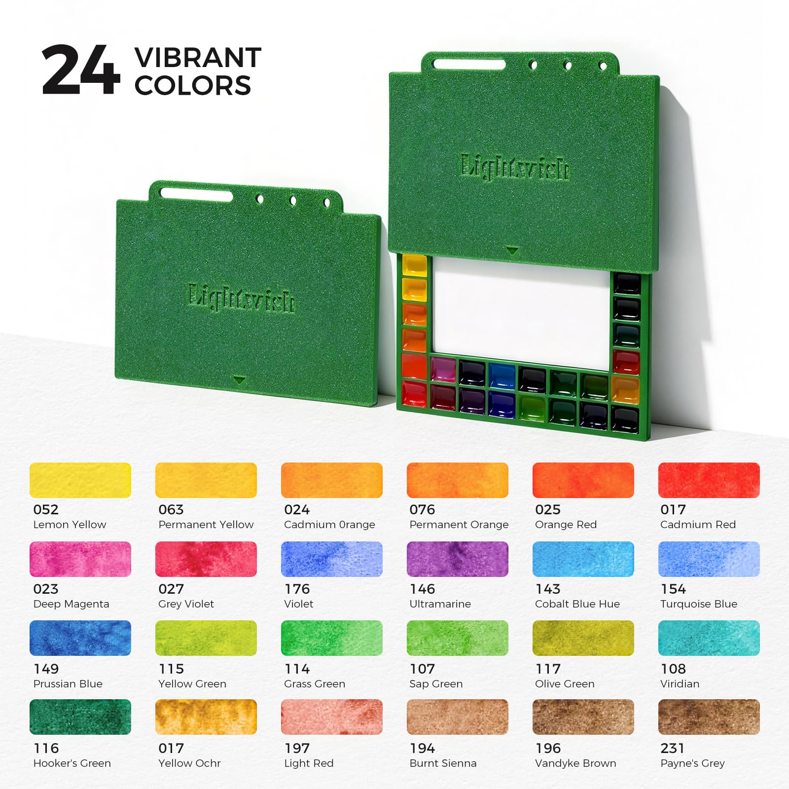 LIGHTWISH Reise Wasserfarben Set 24 Farben, für Künstler & Anfänger, Grün | tragbares Wasserfarben-Set mit nachfüllbarem 100% Baumwollpapier, Keramikpalette und Aquarellpinsel