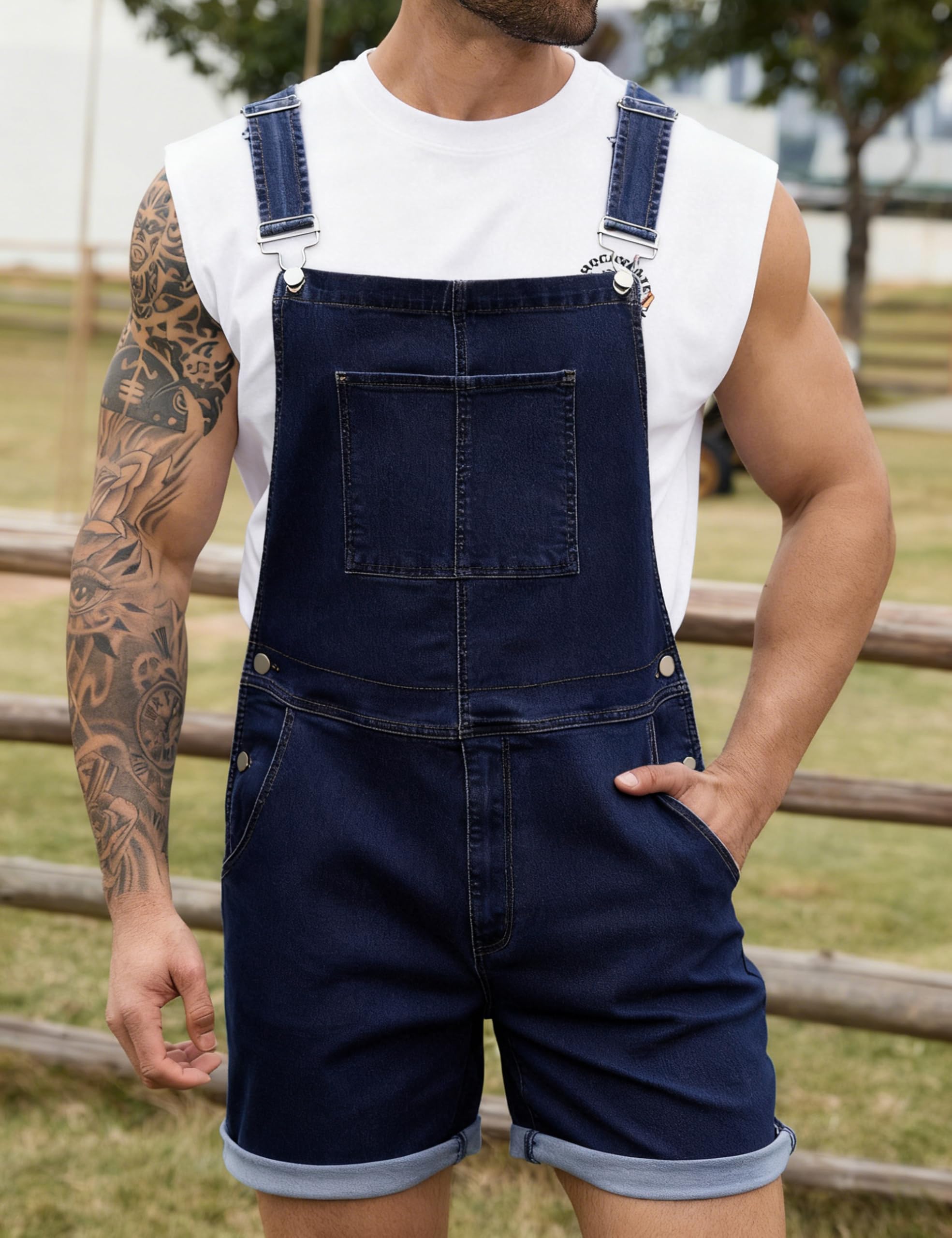 Bindefon Overol de mezclilla para hombre, pantalones cortos, overol de trabajo con cremallera
