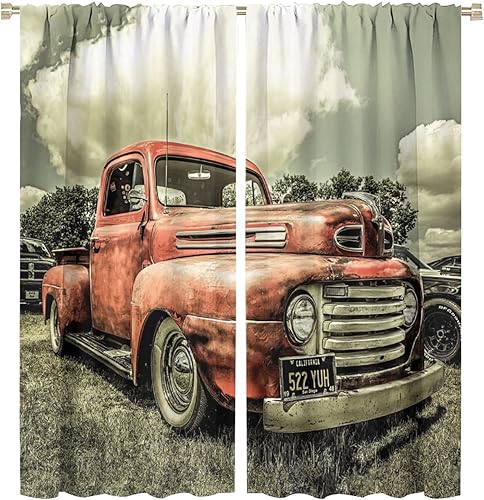 Cortinas vintage para automóvil, estilo retro, rústico, camión, color rojo antiguo, cortinas de amortiguación de sonido para niños, niñas,