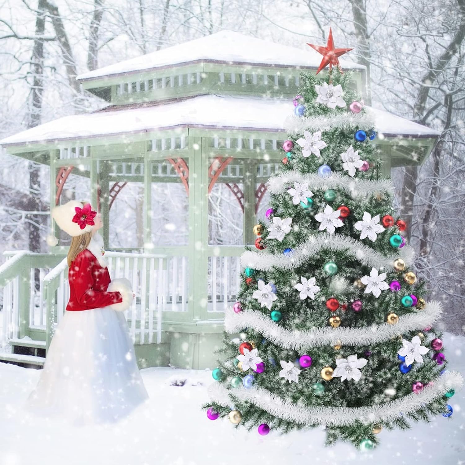 36 Piece 3 Size Christmas Poinsettia Tree Flowers Glitter Faux Flowers Decoration Artificial Poinsettia Ornaments For Christmas New Year Home Outdoor Decoration (White - Image 5
