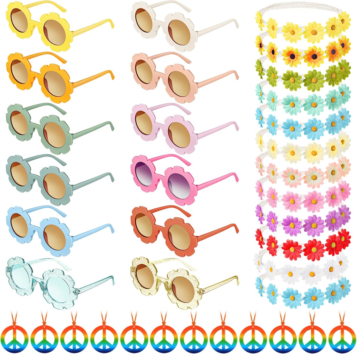 Cindeer 36 Pcs Retro Flower Sunglasses Daisy Flower Headbands Peace Sign Necklace Set, Groovy Party Decorations Hippie Costume Accessories 60s 70s Party Favors for Kids