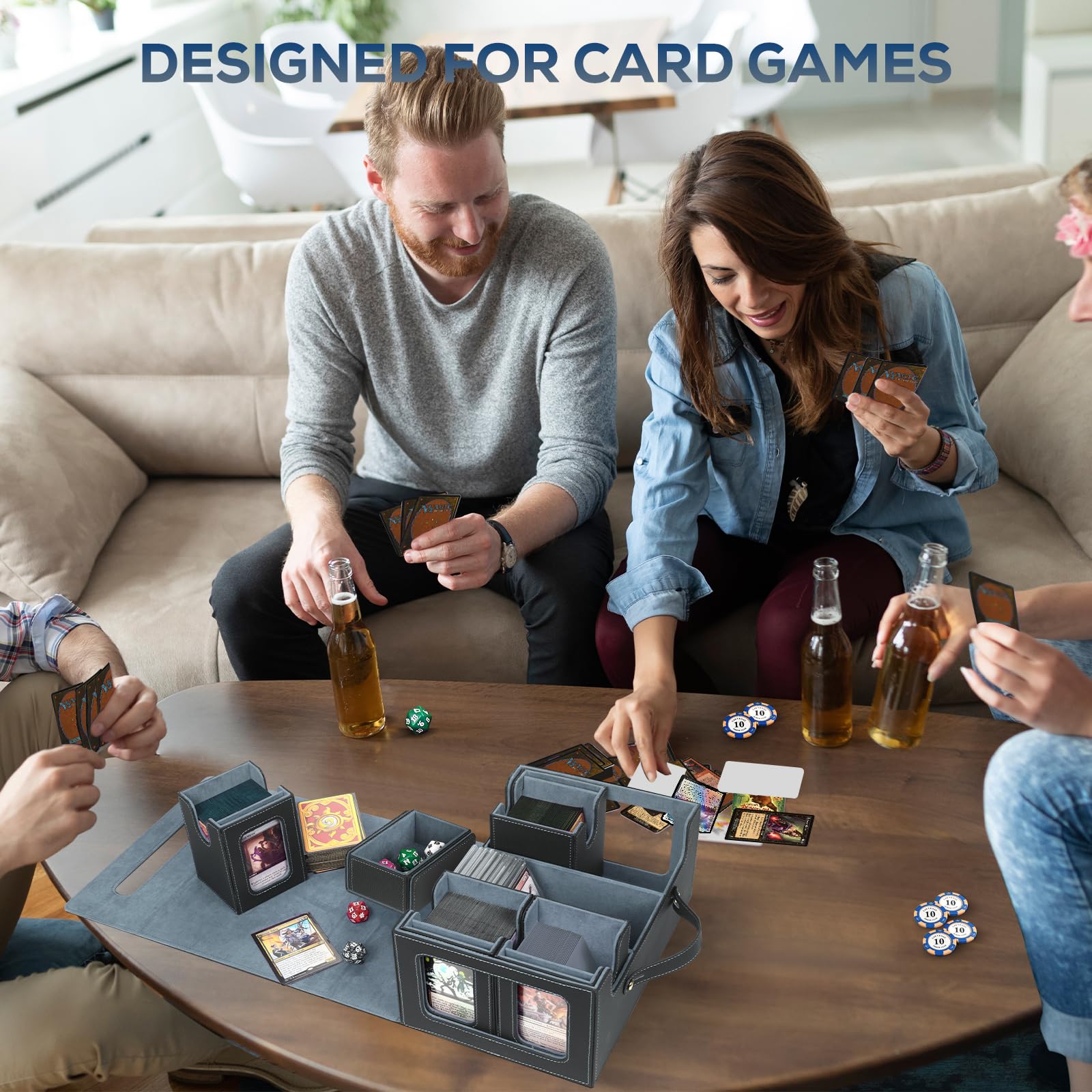 Boîte de Rangement de Cartes avec Poignée, Boîte pour Deck Commander pour MTG & TCG, Boîte de Rangement de Cartes à Échanger avec 4 Toploader, 4 Stoppeurs, 4 Séparateurs Colorés. (Noir & Gris)