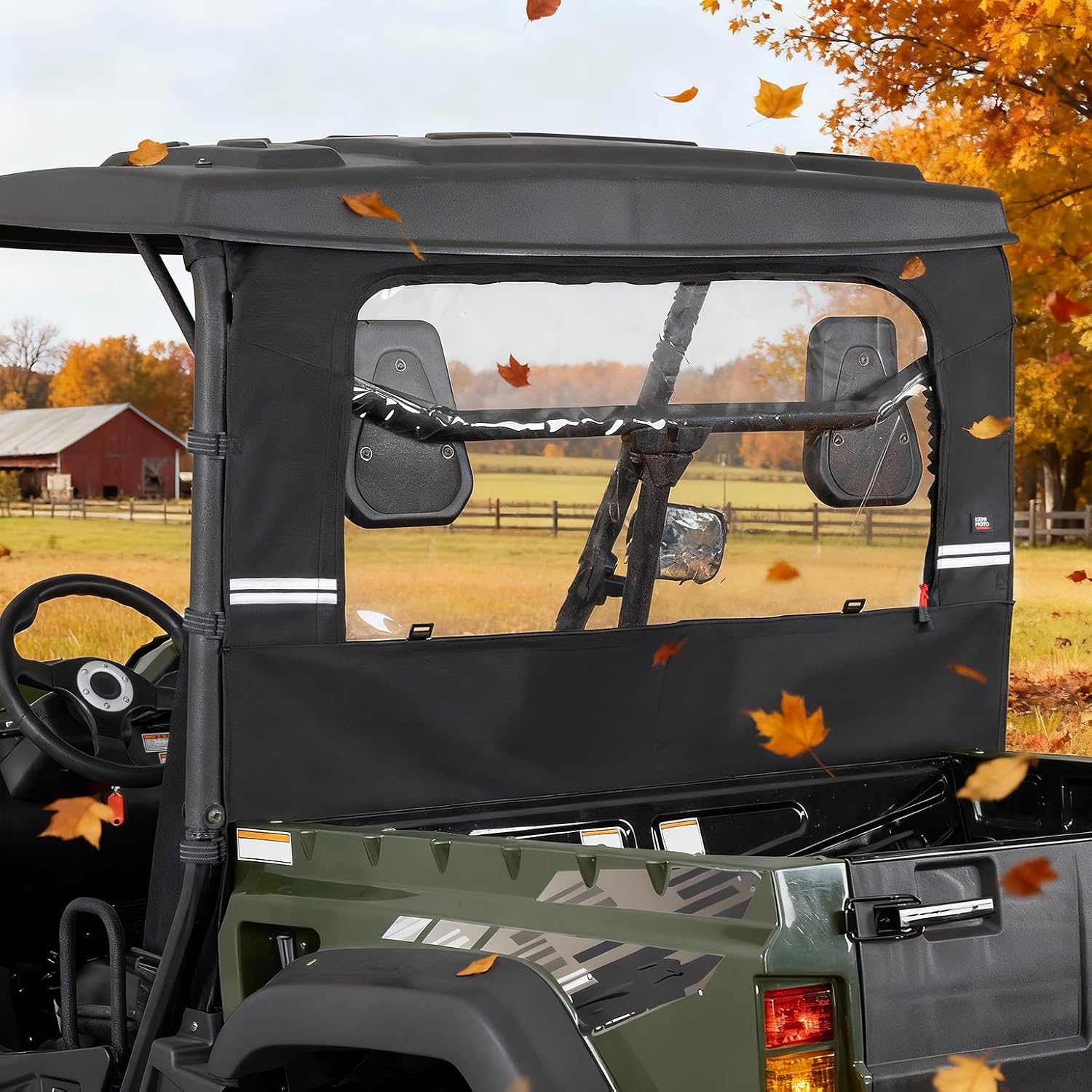 KEMIMOTO UTV Soft Rear Windshield, 2 Storage Pockets & Roll-Up Zipper Vent, Compatible with Hisun 500/700, Massimo MSU500/MSU700, Cub Cadet, Coleman & Axis 500/700 Accessories, Reflective Strips