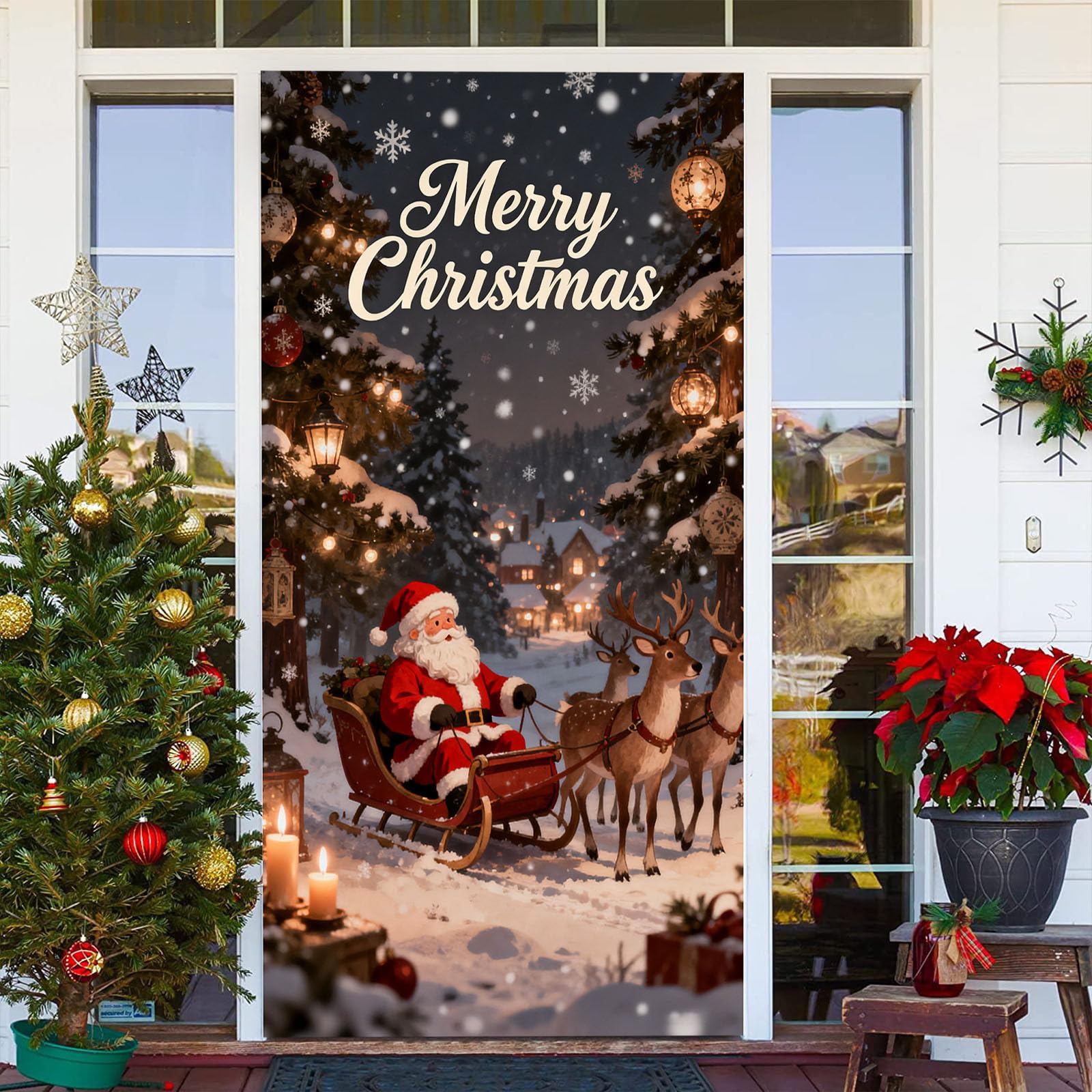 Christmas Door Cover Elastic, 3x7Ft Christmas Front Door Decoration Cover, Xmas Door Covers for Front Doors, Funny Winter Holiday Decoration for Indoor/Outdoor Home Kitchen (Red_A)