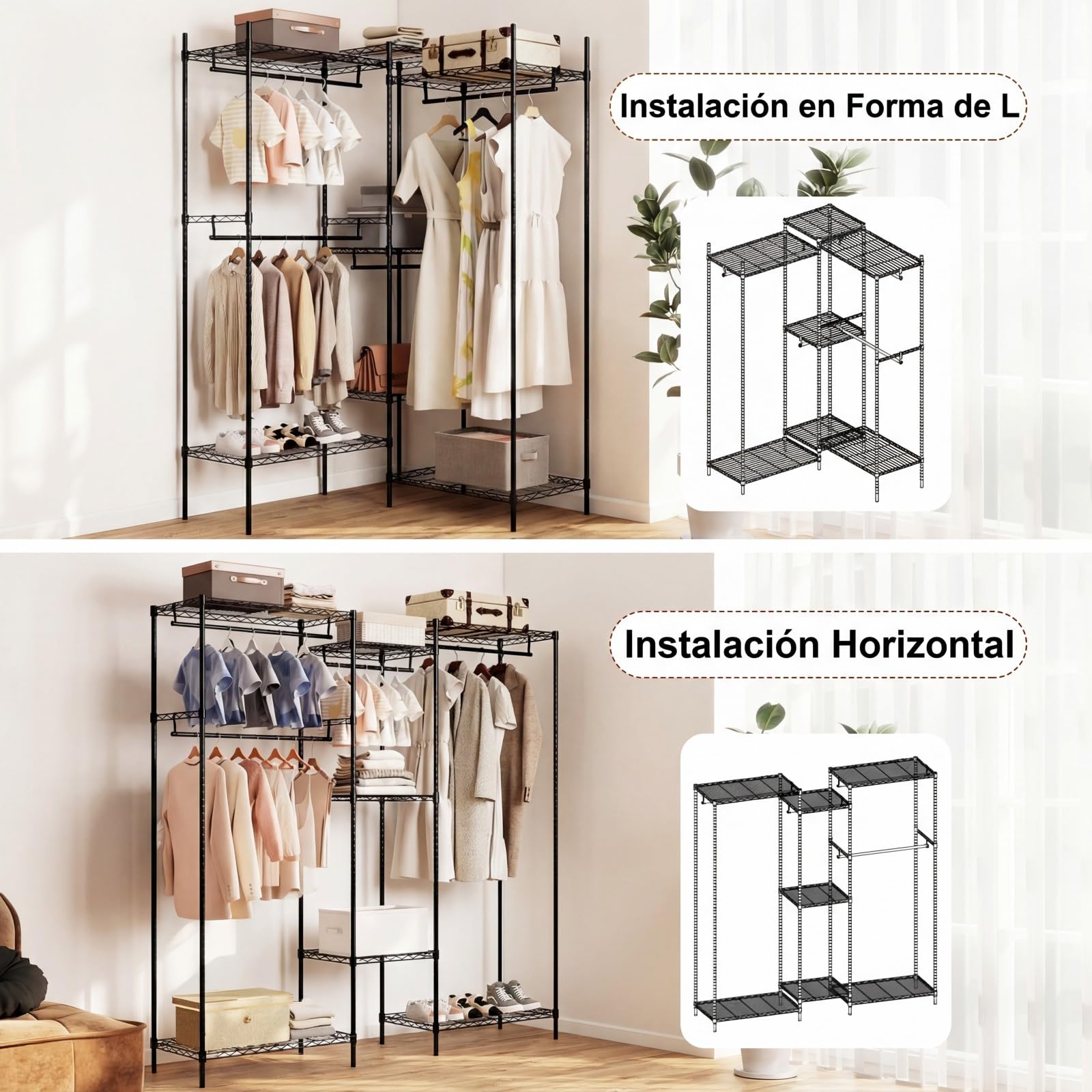 COSTWAY Armario Ropa Metálico, 7 Estantes Ajustables y 4 Barras para Colgar, Perchero Burro Ropa, Convertible con Instalación en L y Horizontal, 188 x 46 x 198 cm, Carga 530 kg (Negro)