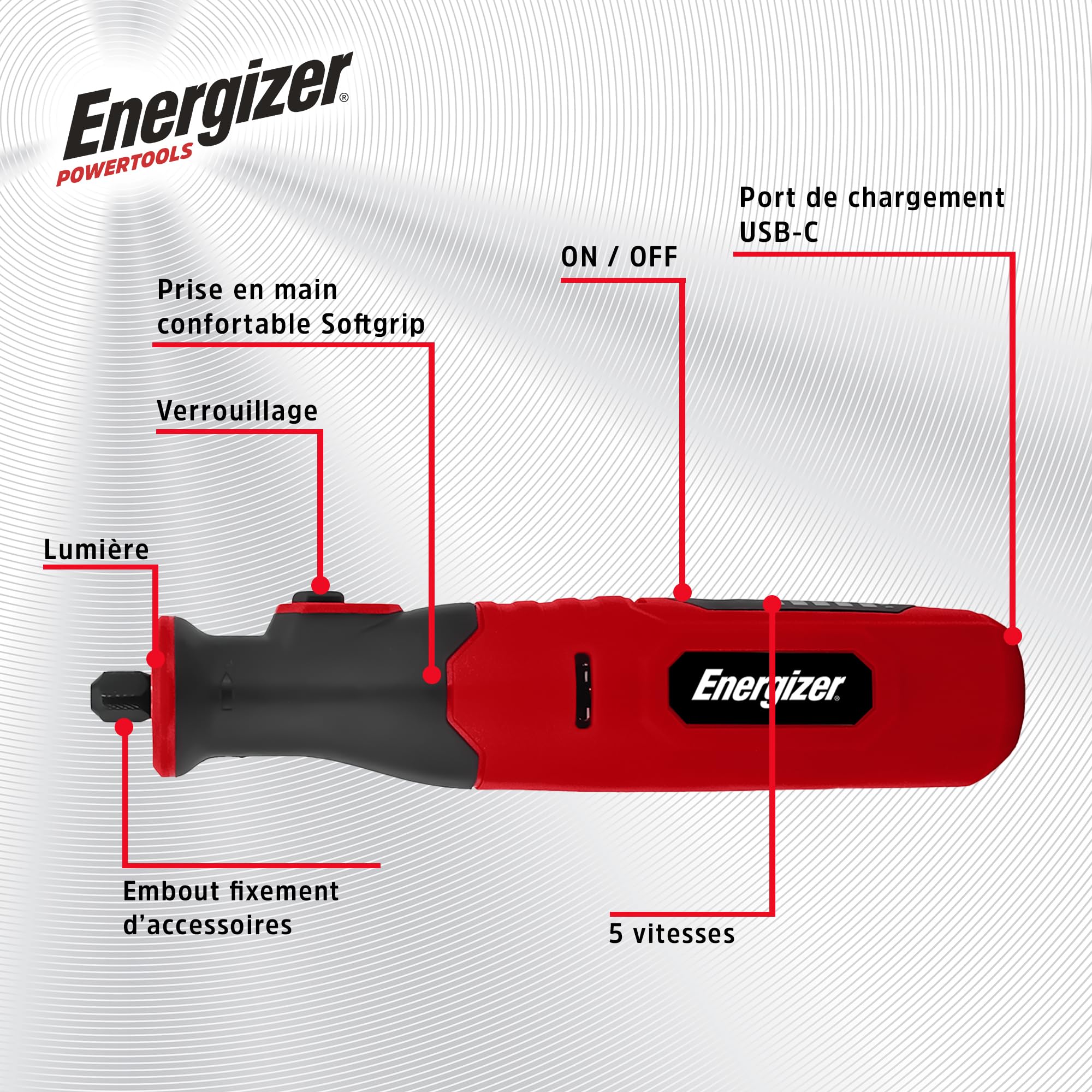 Energizer – Meuleuse de Précision Sans Fil – Batterie 1500mAh USB-C – 5 Vitesses (5000-25000 RPM) – 40 Accessoires – Gravure, Ponçage, Découpe, Polissage – Outil Multifonction Compact & Léger