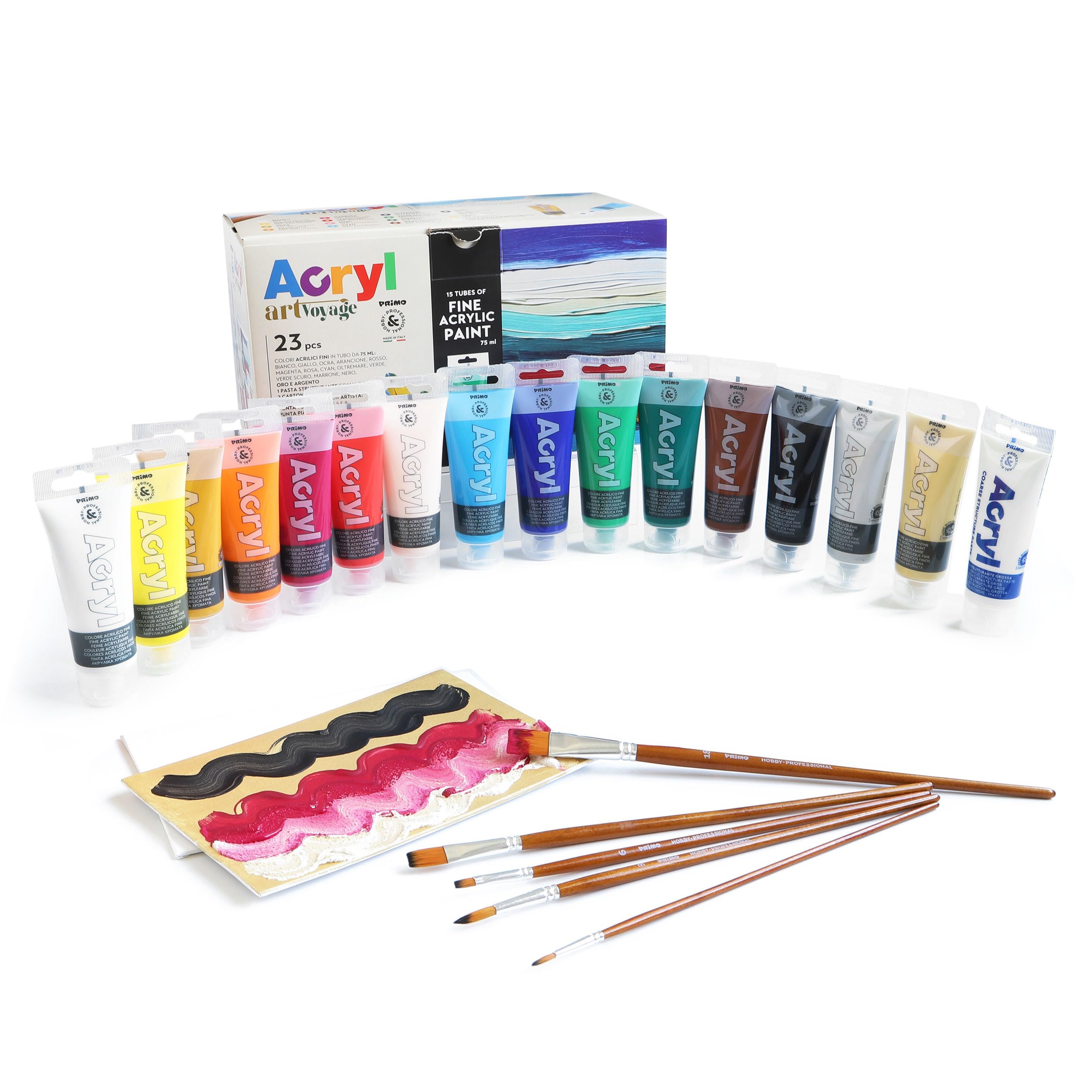 PRIMO Hobby & Professional - Box 15 Colori Acrilici per Dipingere 75ml Artisti +14Anni 5 Pennelli + 1 Pasta Strutturante + 2 Cartoncini Tele Colori per Tessuti Permanenti Lavoretti Creativi Cartoleria
