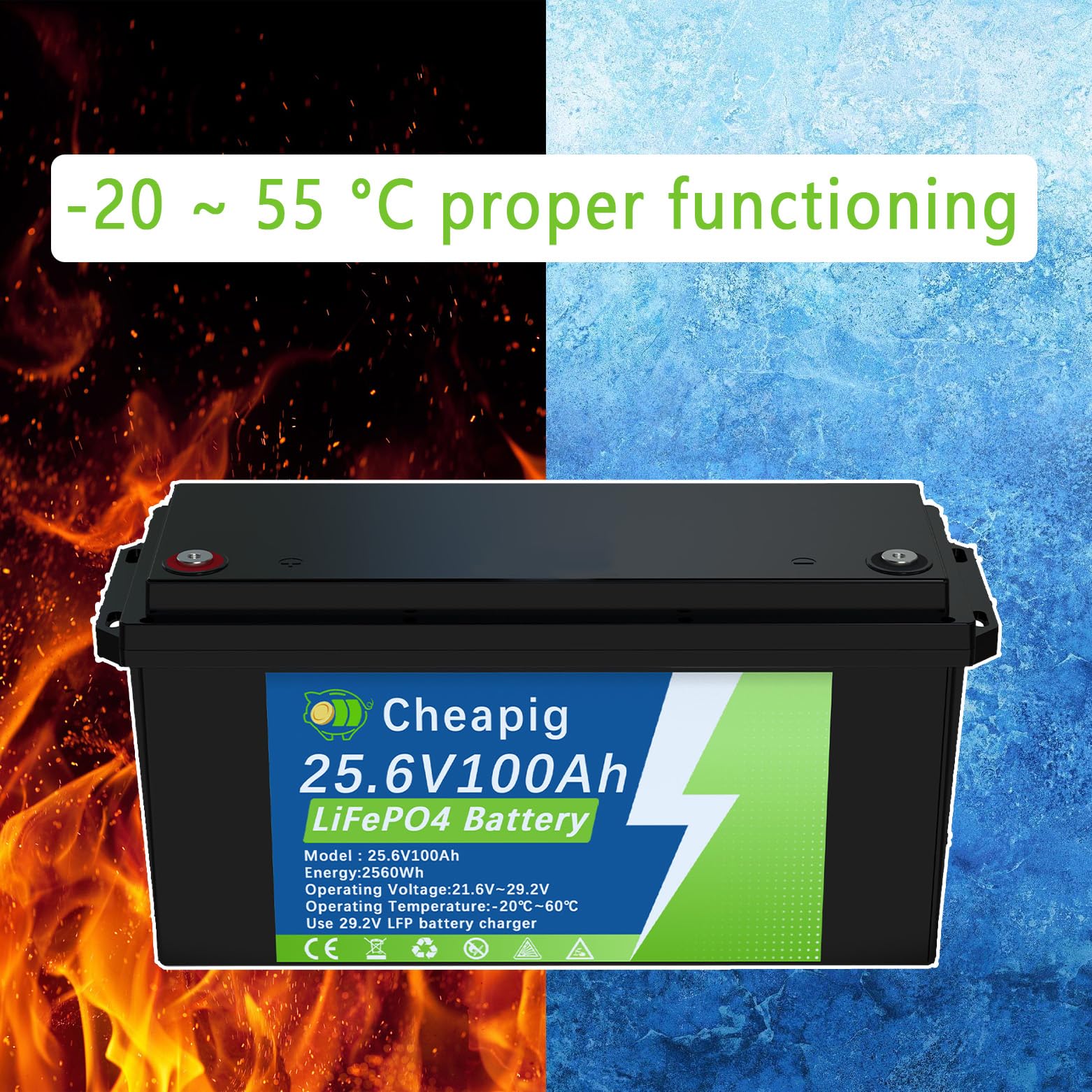 Batteria Litio 24V 100Ah Lifepo4 con 100A BMS | Protezione da Bassa Temperatura,3000+ Cicli,per Solari Domestici, Caravan, Campeggio