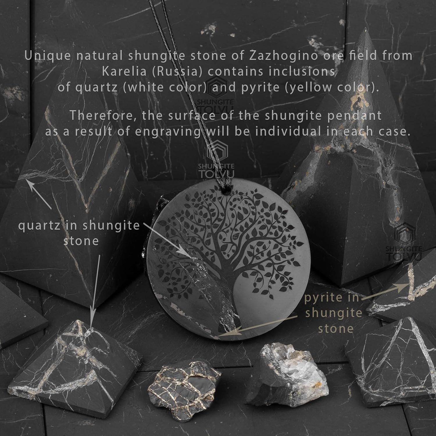 Shungite Pendants, Necklace and Amulets - Made of Authentic Russian c60 Stone - Engraved - 1.4 inches - Round Shape - Image 2