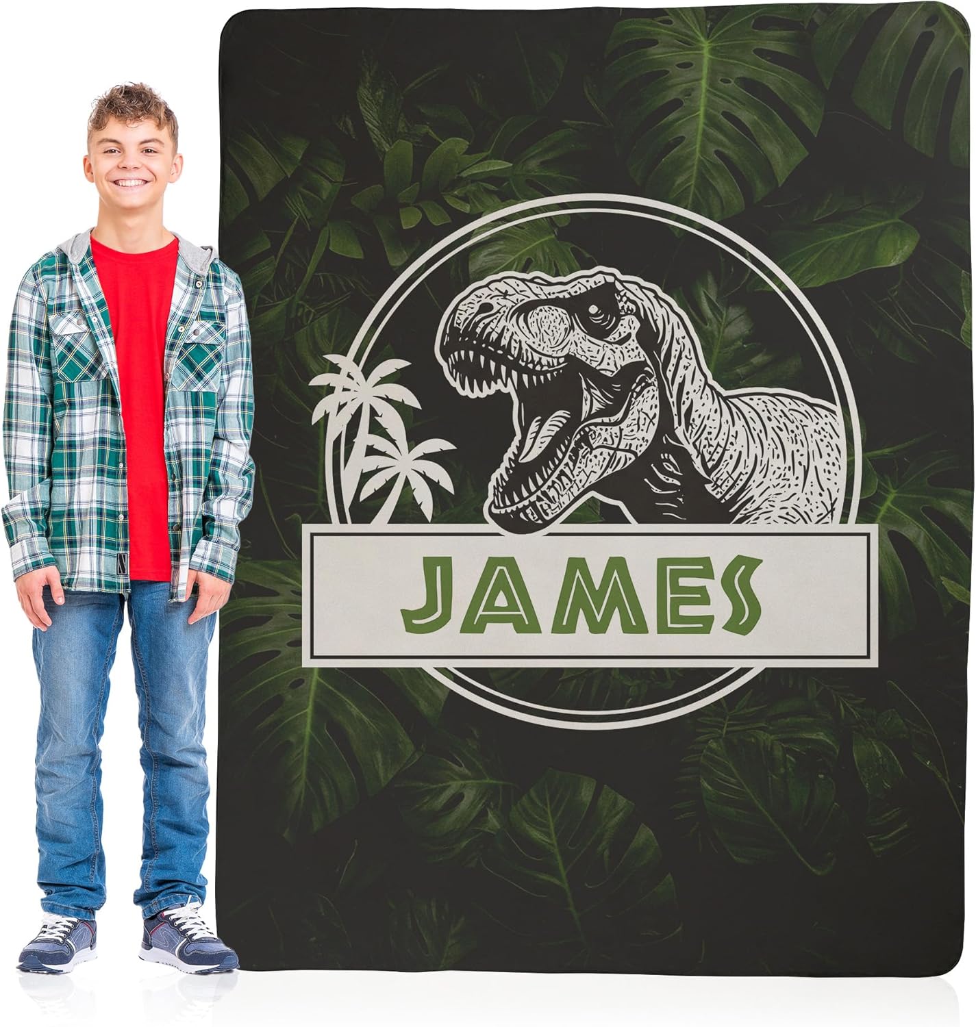 Personalized Dinosaur Blanket for Boys – Custom Name Dinosaur Sherpa Fleece Blanket, Soft & Cozy Jurassic Throw Blanket – Birthday Gift for Kids, Boys; 60"x80" 1-Sided Printing, Printed in The USA