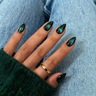 KQueenest Cat Eye Press On Nails Short Almond, Glitter Press On Nails with Glue, Sparkle Turquoise Green Black Fake Nails Stiletto, Soft Gel Glue On Nails for Women Party with Glitter Effect, 30 Pcs