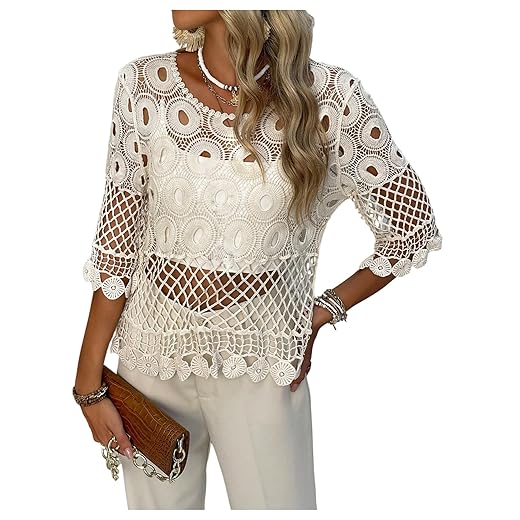 MakeMeChic Women's Boho Tops Crochet Sweater Summer Beach Cover Up Vacation Outfits