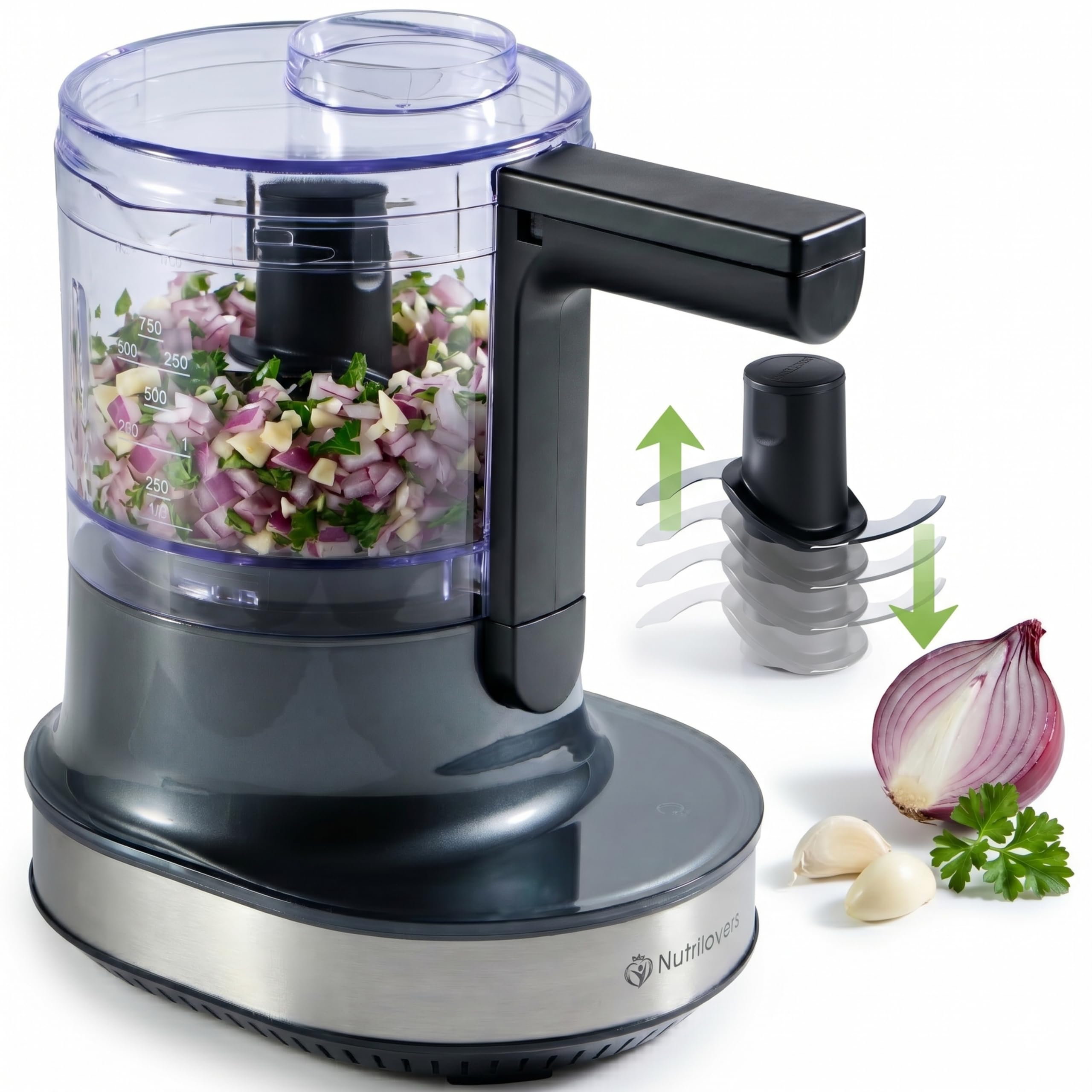 Multipicadora eléctrica 4D de Nutri-Chopper, picadora universal para nueces, cebollas, frutas y verduras, carne, función de cuchilla automática, recipiente de mezcla (500 ml), sin BPA