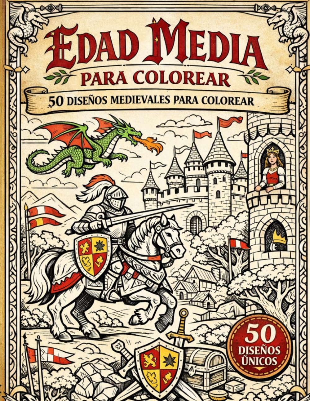 Edad Media para Colorear: Libro de Colorear para Adultos y Jóvenes: 50 Diseños Medievales de Caballeros, Castillos, Damas y Dragones | Papel de Alta ... A4 Grande para Relajación y Anti-Estrés