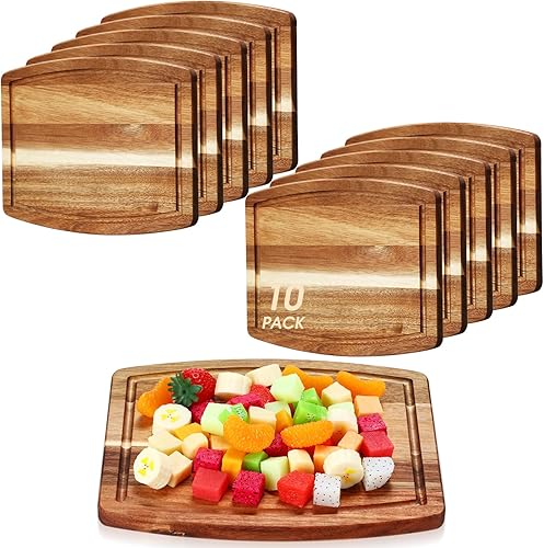 Miniatura 8 de Kigley 10 tablas de cortar de madera de acacia a granel para grabado láser, platos de cena de madera con ranura para cortar charcutería, bandeja