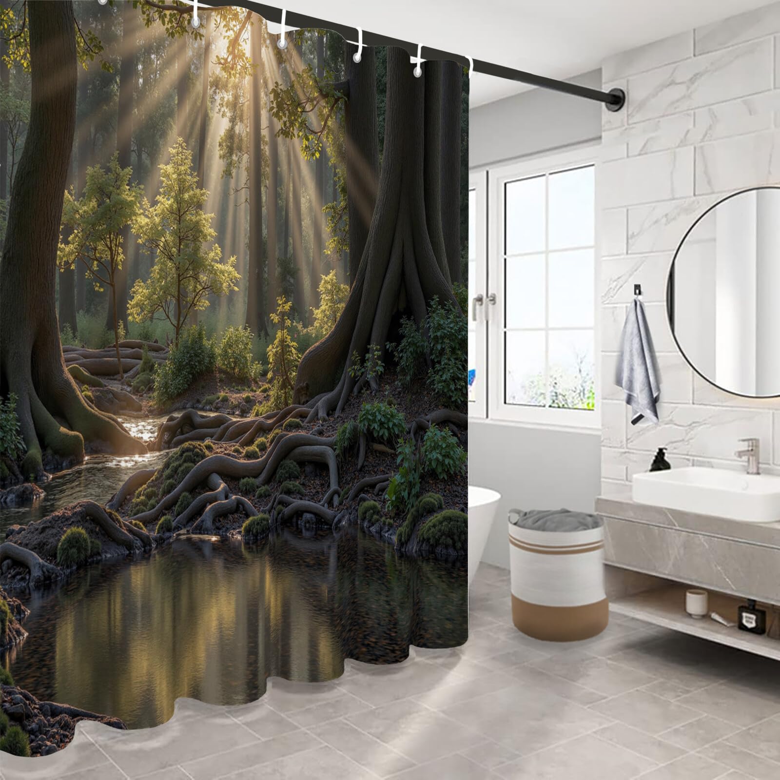 Rideau Douche,Rideau Baignoire Lavable en Machine Rideaux Douche Tissus Lavable Rideau De Baignoire Lavable pour Salle De Bain Domicile Baignoire Famille,Ruisseau Forestier,