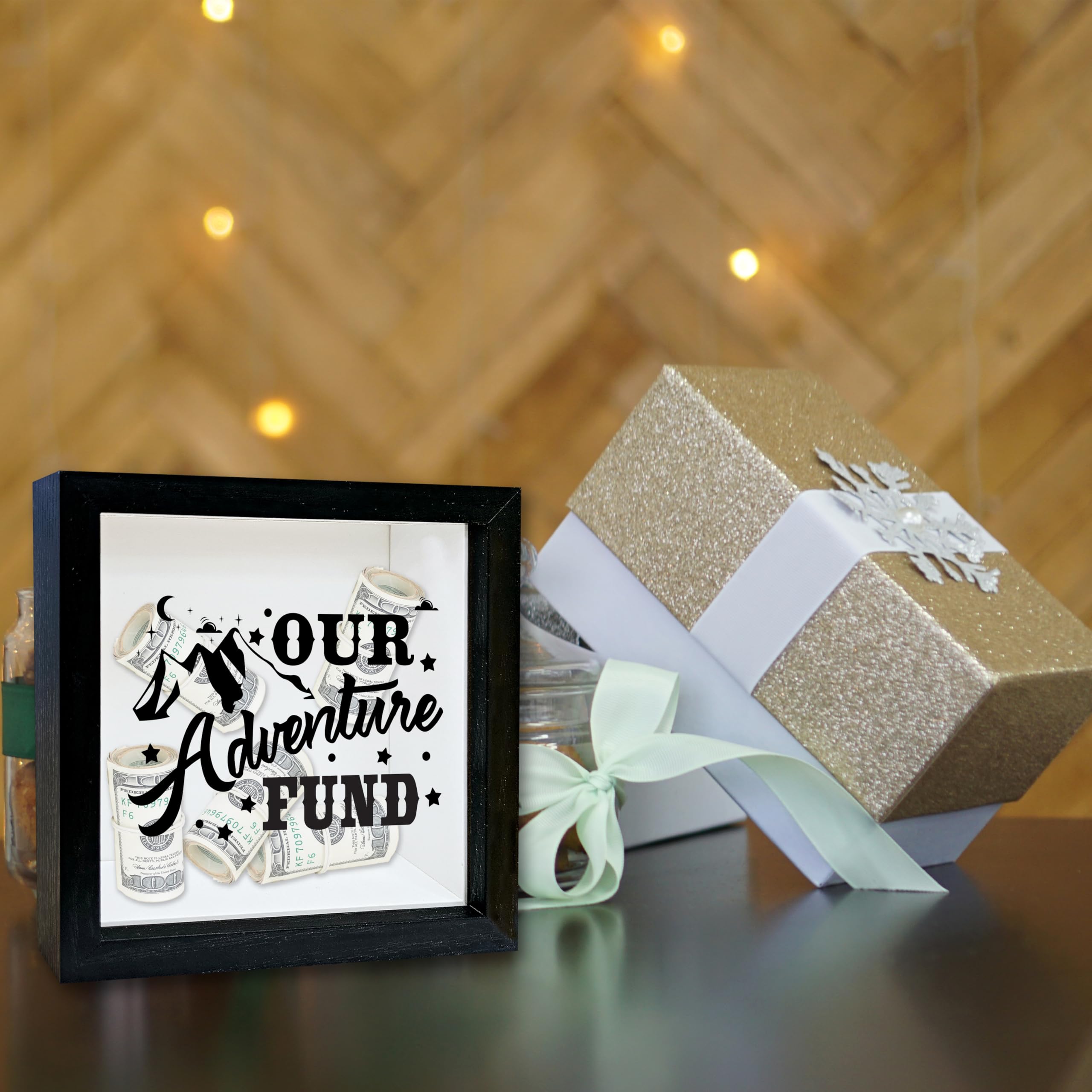 Adventure Fund Black Shadow Box Rahmen, Flitterwochen Fund Box mit Schlitz, Berg Themed Reise Memory Box, Abenteuer Archivbox Geschenke, Dekorative Holz Geld Sparen, Hochzeitsgeschenke für Brautpaare