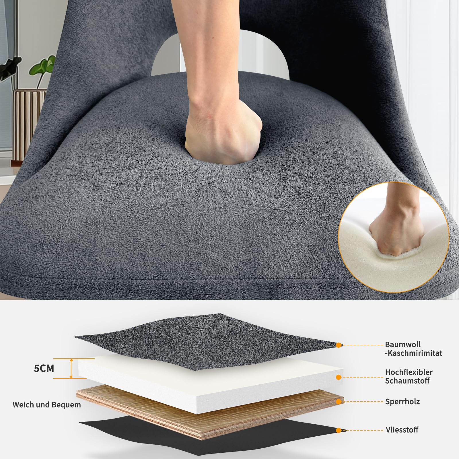 WAFTING Esszimmerstühle Drehbar 6er Set, 360° Drehbare Stuhl, 48 cm Breite Sitzfläche, Gepolsterte Küchenstühle mit Durchbrochene Rückenlehne, für Esszimmer, Küche, Wohnzimmer und Cafés, Dunkelgrau
