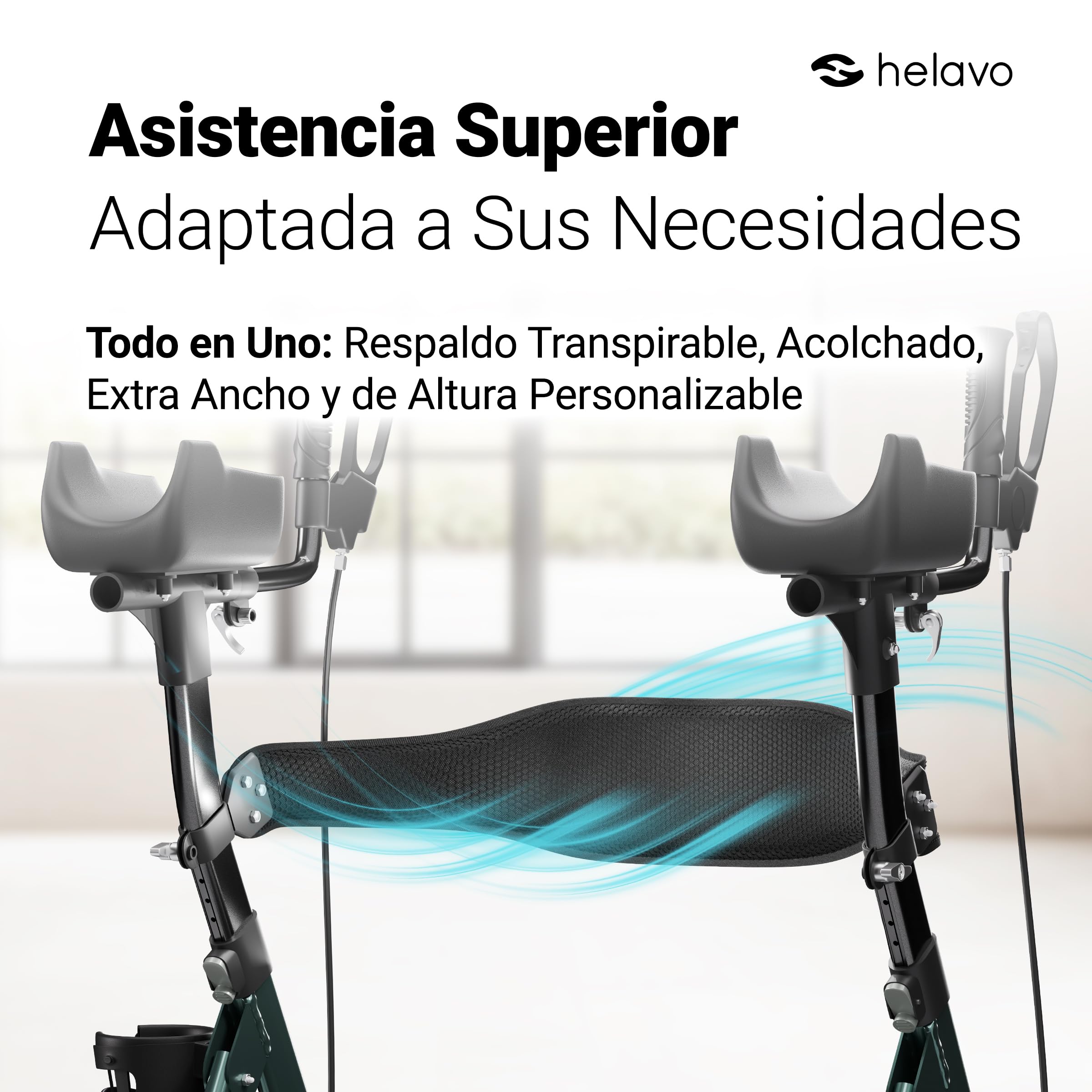 Andador antibraquial bariátrico Helavo con ruedas 8 pulgadas, antipinchazos, asiento ancho plegable, rodillo extra grande y apoyo antebrazos, carga 226