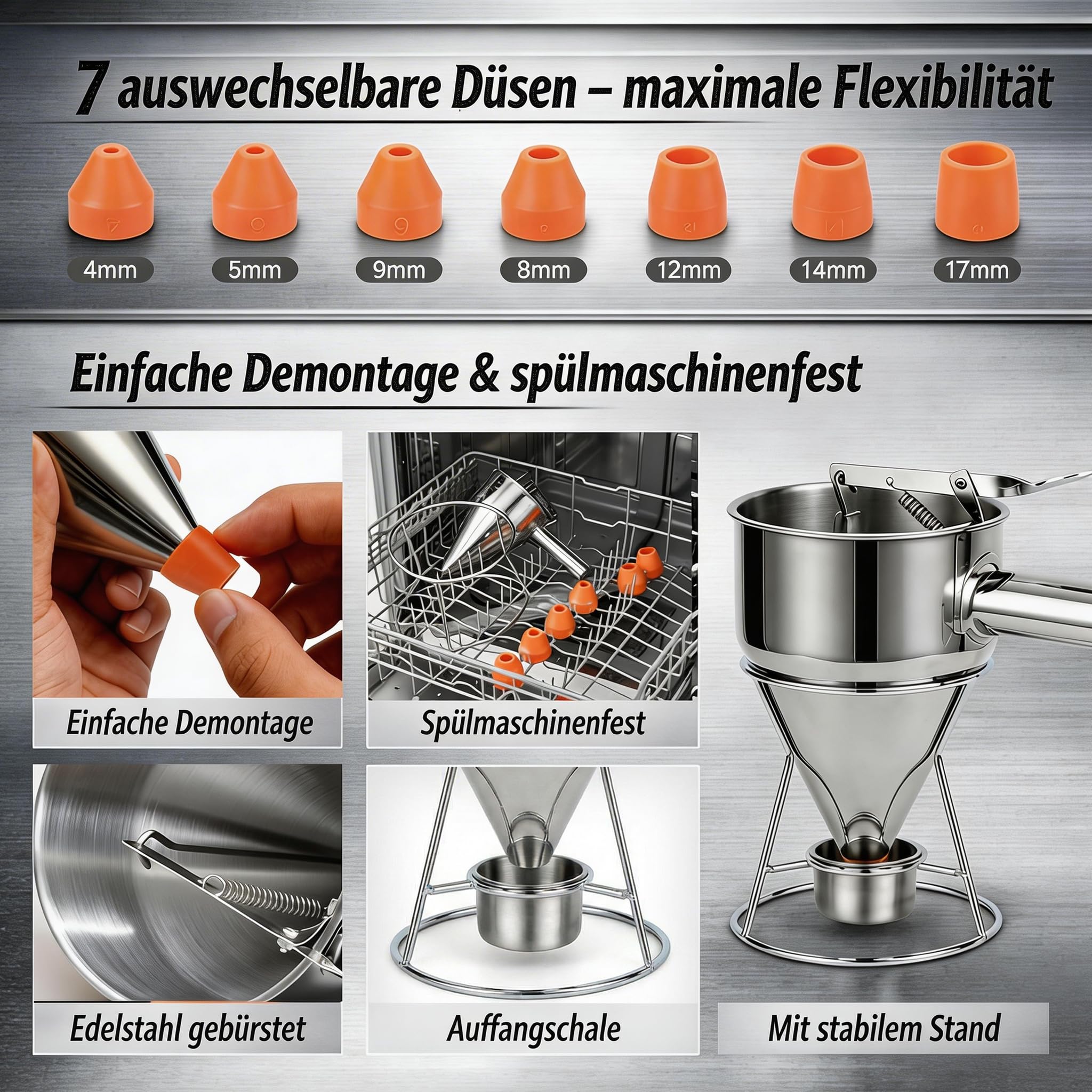 Edelstahl Teigportionierer 1200 ml – Profi Teigdosierer mit Druckhebel & 7 Düsen – Präzise Portionierung für Bäckerei, Gastronomie, Waffeln, Donuts & Muffins