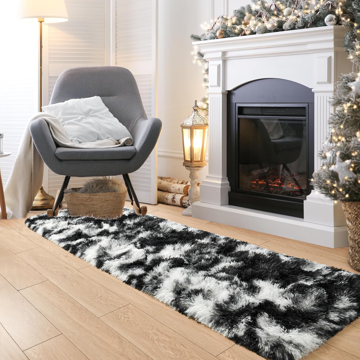Noahas Runner Rug for Hallway,2'x6' Tie-Dyed Black and White Long Area Rugs for Bedroom Living Room,Non Slip Thick Shag Carpet for Entryway Dorm Bedside Kids Room