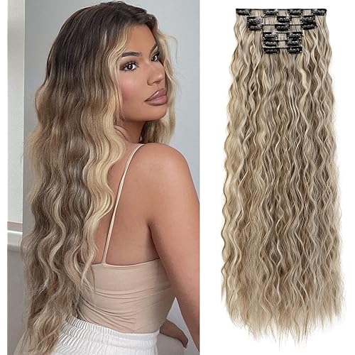 FLUFYMOOZ Clip In Hair Extensions,6PCS Hair Extensions Long Mermaid Waves Wavy Synthetic Clip On Hairpiece For Women 24 Inch (Ash Brown with Blonde Highlights)