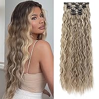 Vista 17 de FLUFYMOOZ Extensiones de cabello con pinzas, 6 extensiones de cabello sintético ondulado con clip para mujer, 24 pulgadas