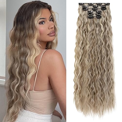 FLUFYMOOZ Extensiones de cabello con clip, 6 extensiones de cabello largo con ondas de sirena onduladas sintéticas con clip para mujeres de 24
