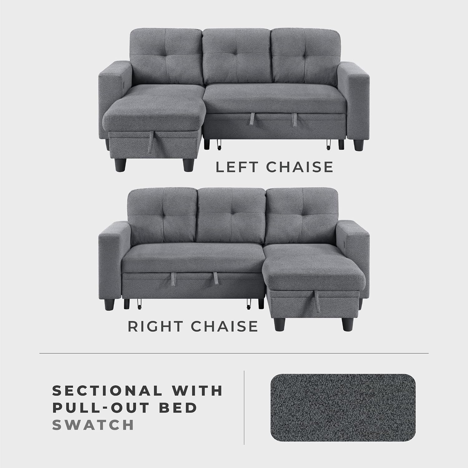 Lexicon L-Shaped Sectional with Pull-Out Bed, Boucle Upholstered Sofa Chaise, Reversible Chaise, Storage Shelves, USB Ports, Tufted Back, Sectional for Living Room/Apartment, 3-Seater, Gray