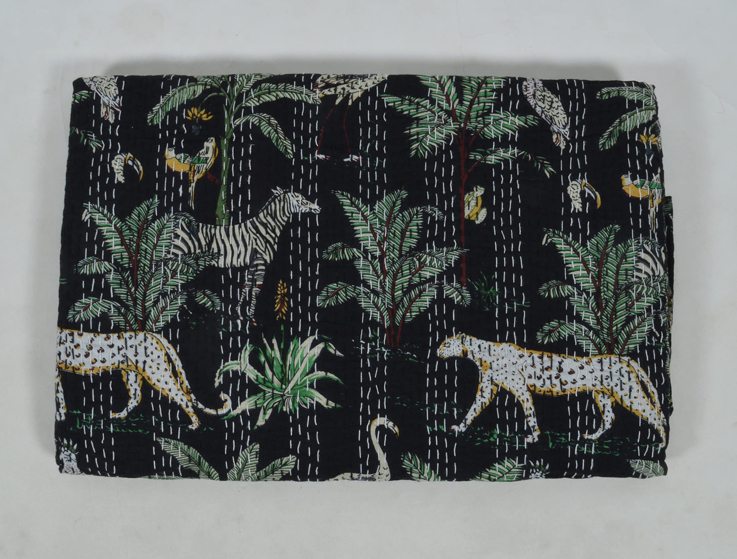 Couvre-lit Indien Kantha Fait Main En Coton - Imprimé Animaux Et Forêt - Taille King (environ 270x270 Cm) - Noir
