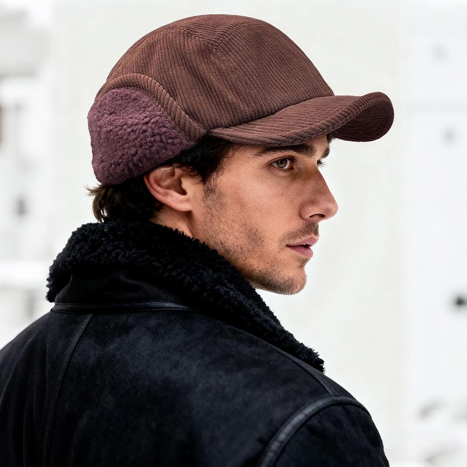 CLAPE Winter Ear Flap Hat for Men, Soft Corduroy Short Brim Baseball Cap with Shapeable Visor for Cold Weather - Image 2