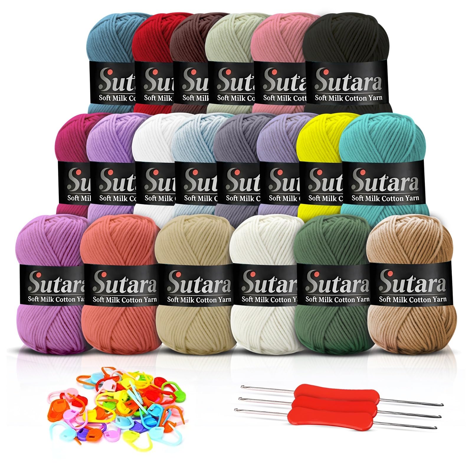Sutara 20 Pack Milk Cotton Yarn Kit for Crochet and Knitting 45-50g Balls - Soft Crochet Wool for Amigurumi and Baby Wool Projects, Knitting Kit Yarn for Crochet, Hook, Stitch Marker (Light Colours)