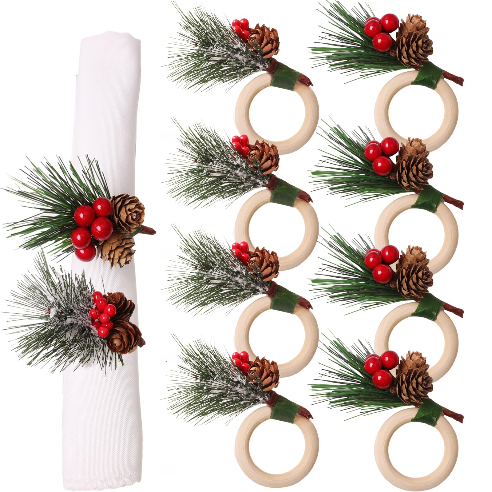 Portatovaglioli Natalizi Con Aghi Di Pino E Bacche Rosse - Set Da 12 Per Decorare La Tavola Di Natale, Feste E Cene In Famiglia - 11