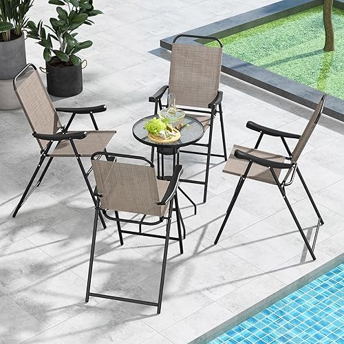 Miniatura 4 de COSTWAY 4 sillas de bar plegables para patio, silla de bar de patio superior alta con marco de metal y reposapiés, sillas de altura de barra al aire