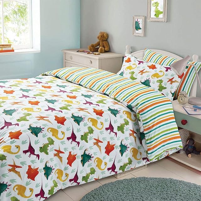 Dreamscene Dinosaur Duvet Cover with Pillowcase Bedding Set Toddler Boys Girls Kids Dino Reversible Stripe, White, Orange, Blue - Junior/Cot Size