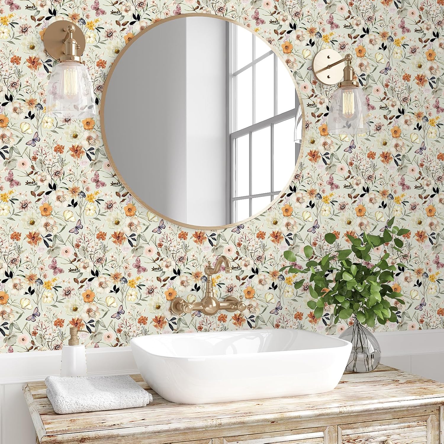 VEELIKE Watercolor Meadows Floral Wallpaper Boho Green Floral Peel and Stick Wallpaper for Bathroom Bedroom 17.7''x354'' Vintage Butterflies Flower Wallpaper Removable Contact Paper for Walls Cabinets