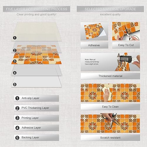 Miniatura 6 de IVN 10 azulejos de suelo de 12 x 12 pulgadas con diseño geométrico floral retro marrón naranja y marrón, despegar y pegar, autoadhesivas, Azulejos